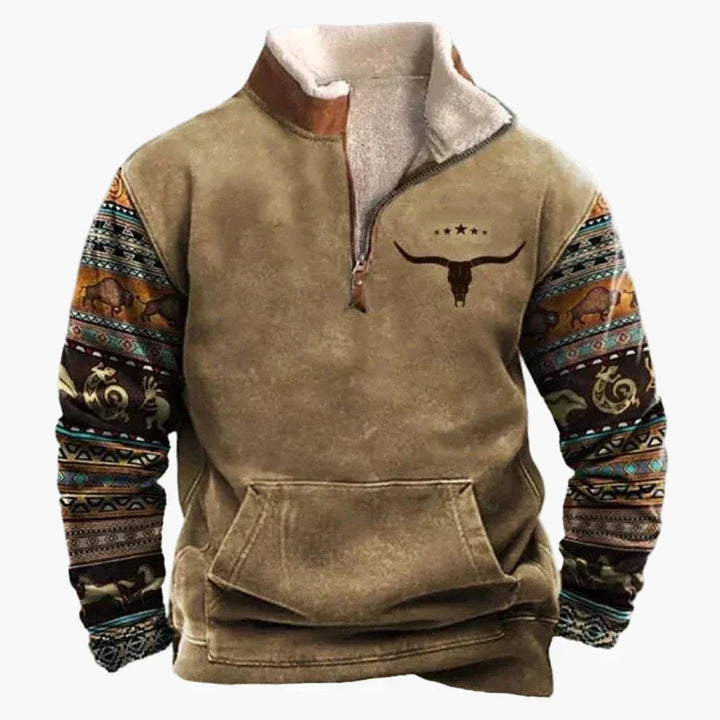 Western Style Pullover mit Azteken-Muster und Longhorn-Motiv - Bequemer Freizeit-Sweater für Outdoor & Alltag