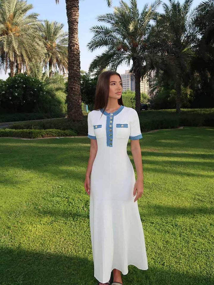 Maxi-Kleid - Dekorative Strick mit Fransen-Denim-Einsatz