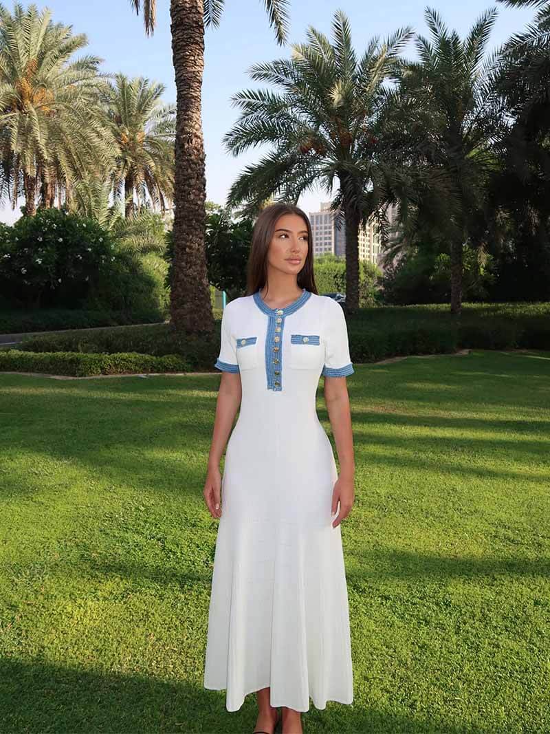 Maxi-Kleid - Dekorative Strick mit Fransen-Denim-Einsatz