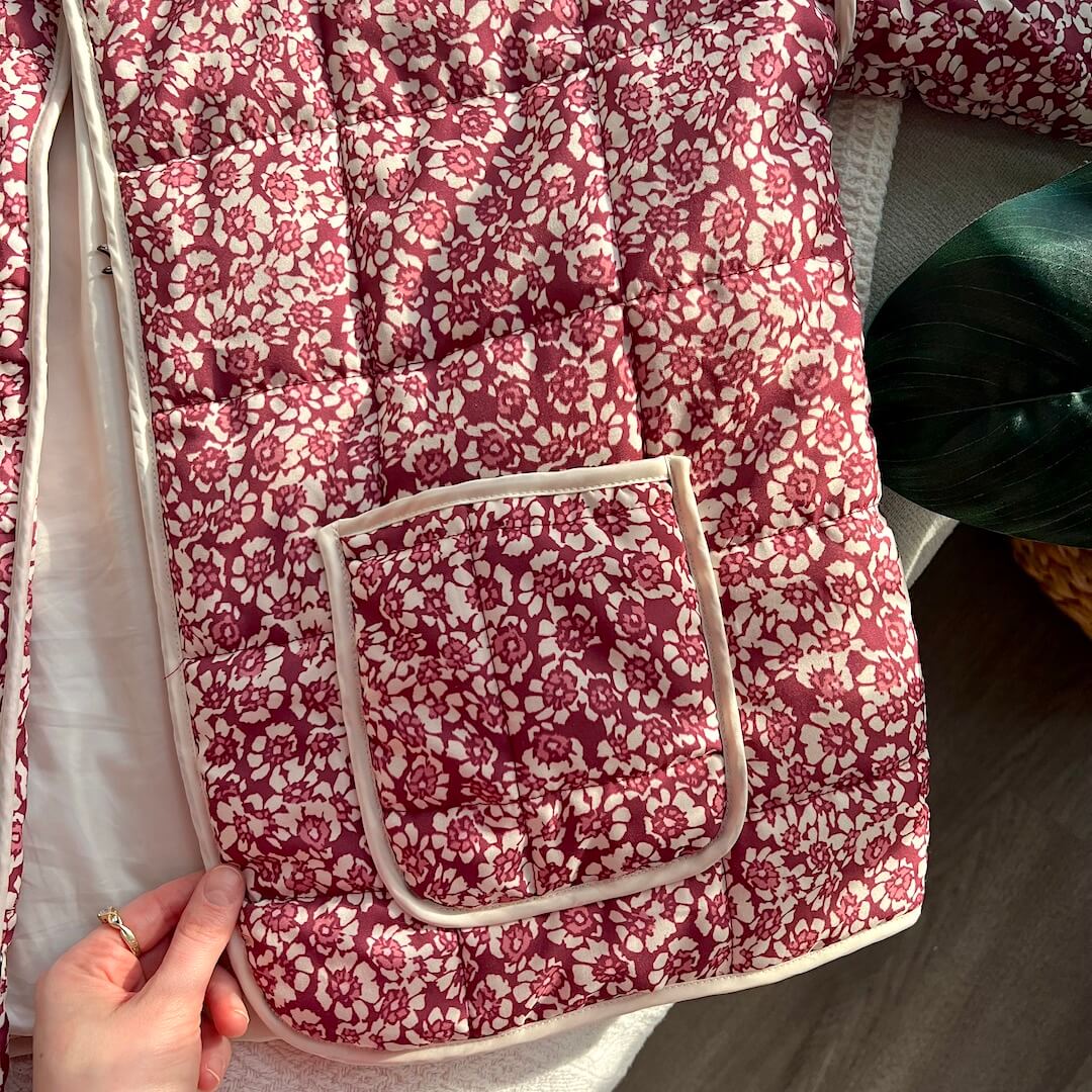 Damen Blumen Gestepptes Jacke mit Taschen und Langen Ärmeln
