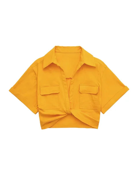Damen Vintage Kurzarm Leinen Crop Shirt