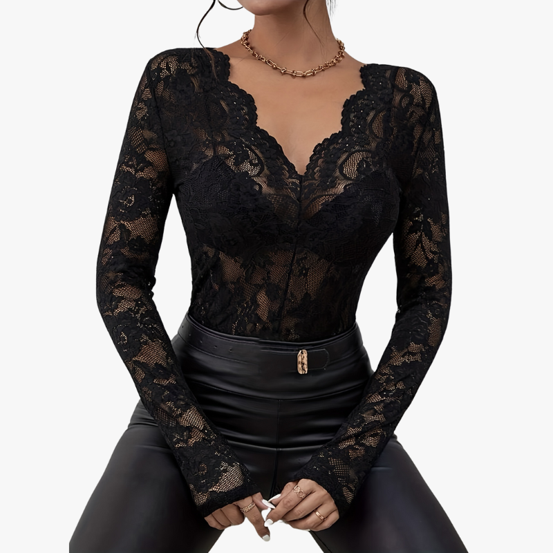Elegantes V-Ausschnitt Top mit Langen Ärmeln und Spitze für Damen