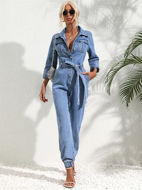 Lässiger Denim-Jumpsuit mit Gürtel und langen Ärmeln für Damen - Vittorelli