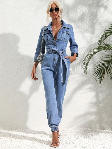 Lässiger Denim-Jumpsuit mit Gürtel und langen Ärmeln für Damen - Vittorelli