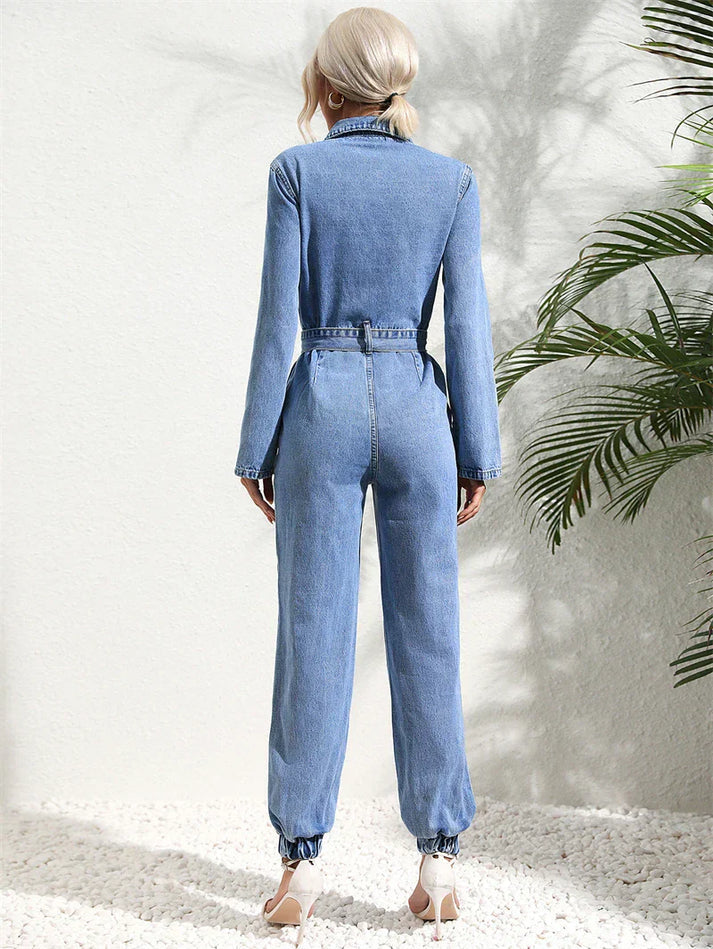 Lässiger Denim-Jumpsuit mit Gürtel und langen Ärmeln für Damen - Vittorelli