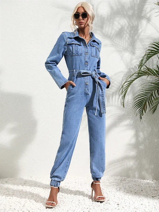 Lässiger Denim-Jumpsuit mit Gürtel und langen Ärmeln für Damen - Vittorelli
