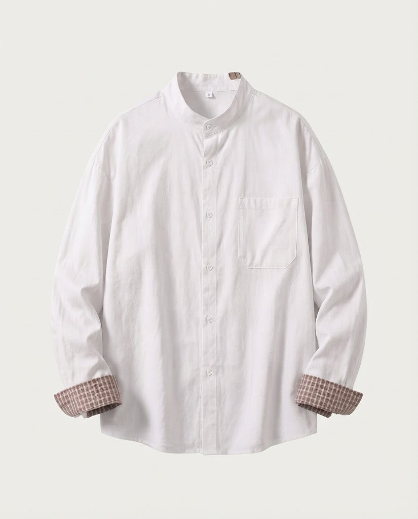Herren Overshirt mit Stehkragen und kontrastierenden Karomanschetten lockerer Schnitt Nord Taschen