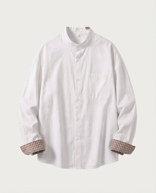 Herren Overshirt mit Stehkragen und kontrastierenden Karomanschetten lockerer Schnitt Nord Taschen