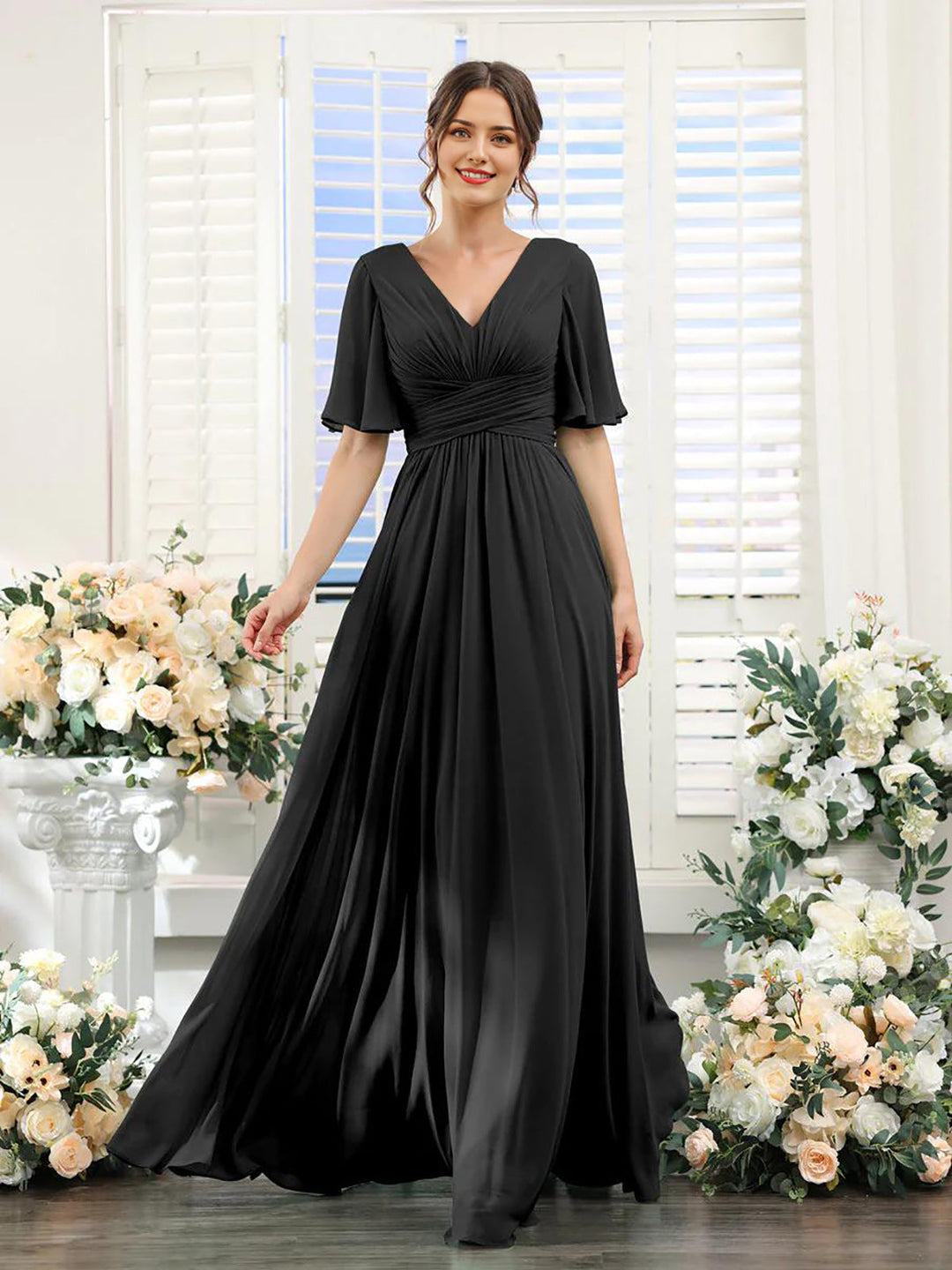 Fließendes V-Ausschnitt Chiffonkleid für Damen