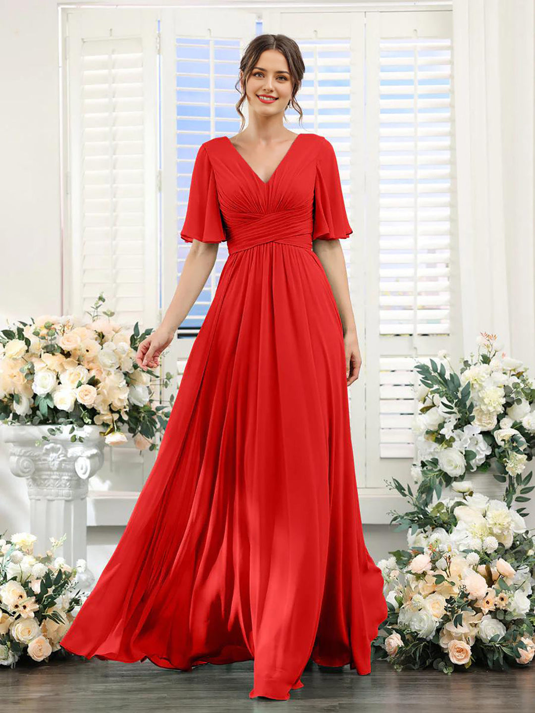 Fließendes V-Ausschnitt Chiffonkleid für Damen