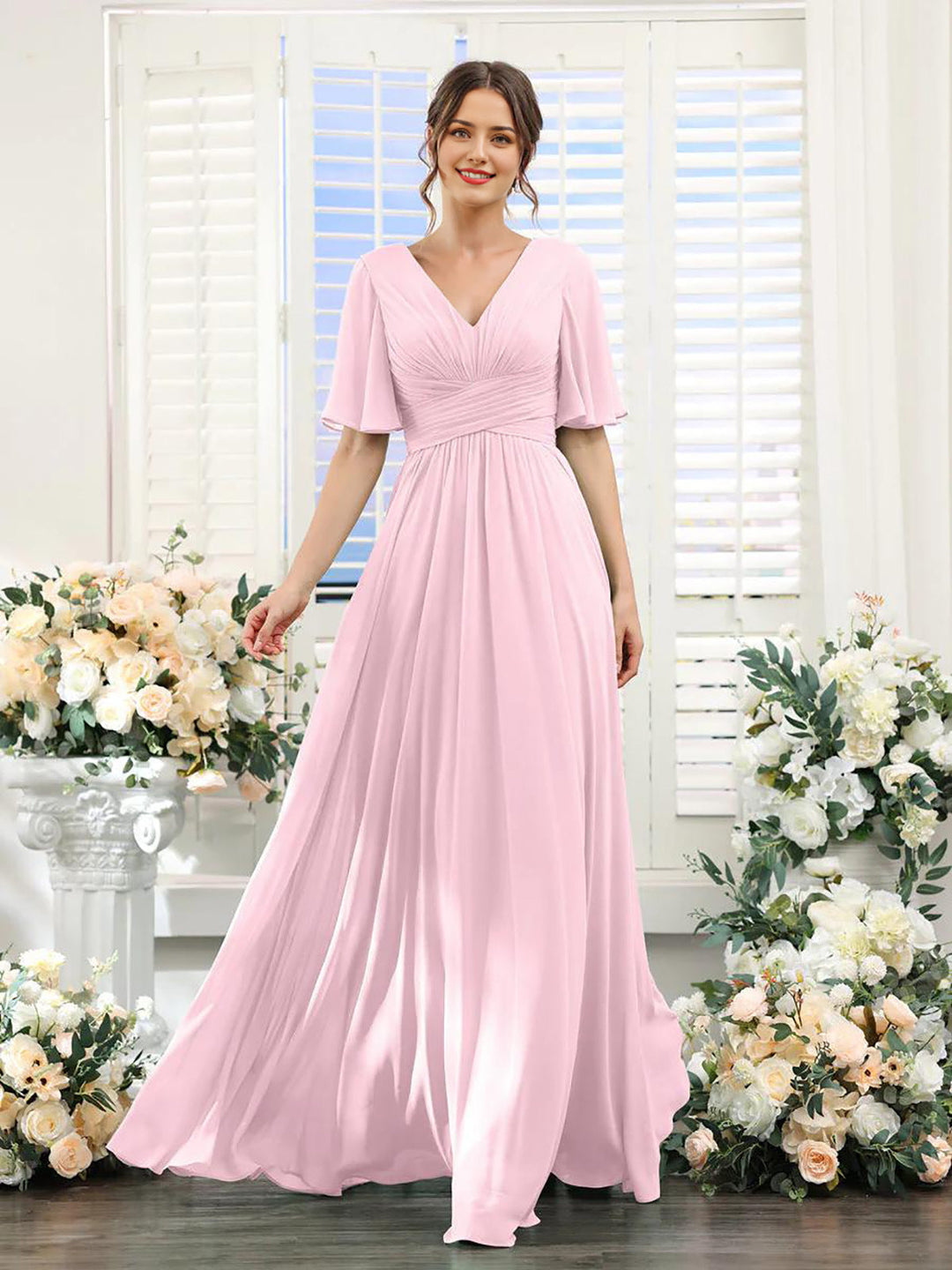 Fließendes V-Ausschnitt Chiffonkleid für Damen