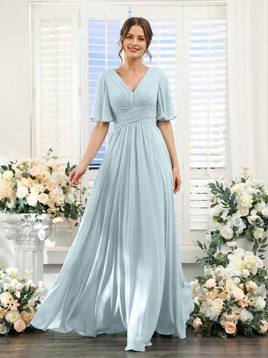 Fließendes V-Ausschnitt Chiffonkleid für Damen