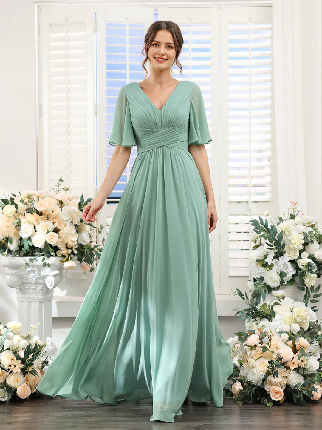 Fließendes V-Ausschnitt Chiffonkleid für Damen