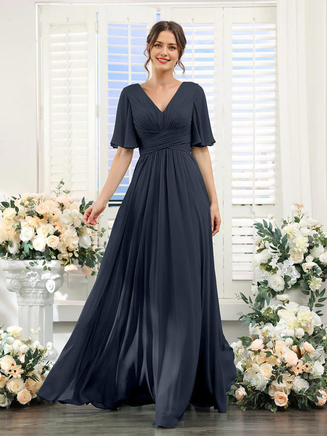 Fließendes V-Ausschnitt Chiffonkleid für Damen