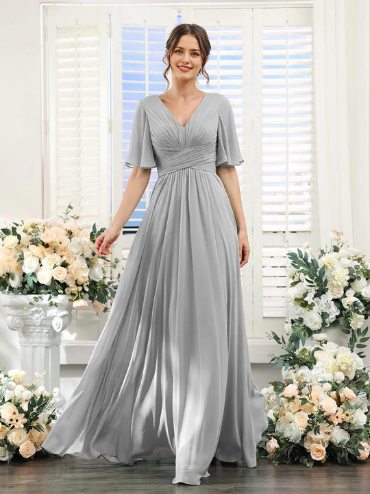 Fließendes V-Ausschnitt Chiffonkleid für Damen