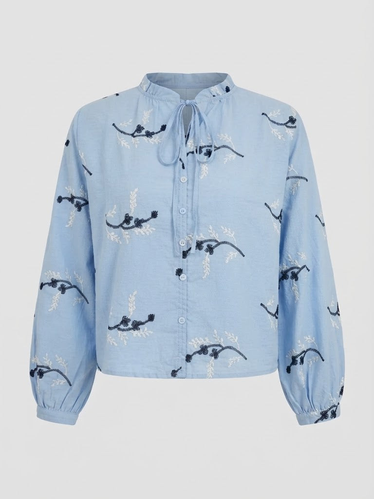 Damen Bestickte Baumwollbluse mit Stehkragen, Knopfleiste und Bindeband Nord Taschen