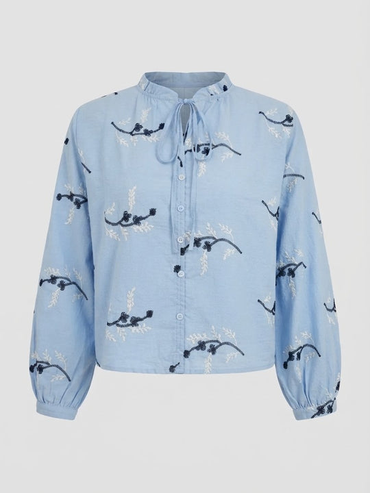 Damen Bestickte Baumwollbluse mit Stehkragen, Knopfleiste und Bindeband Nord Taschen