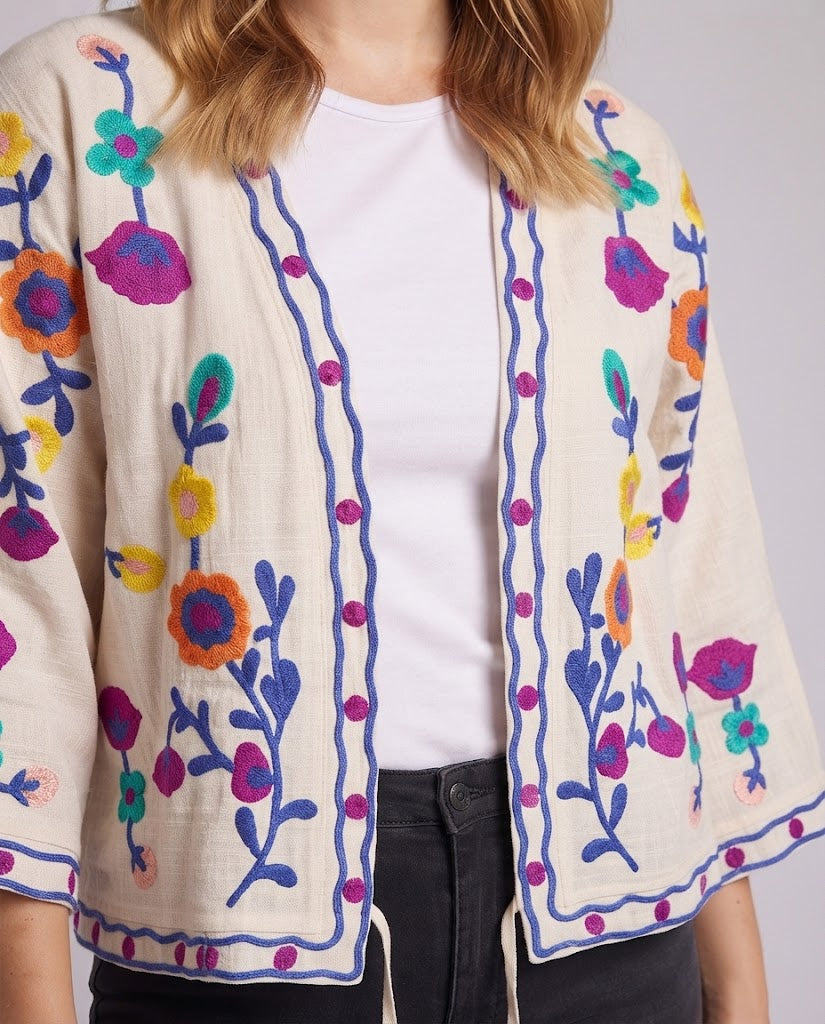 Damen Besticktes Leinen-Kimono mit floraler Stickerei und Kordelzug Nord Taschen