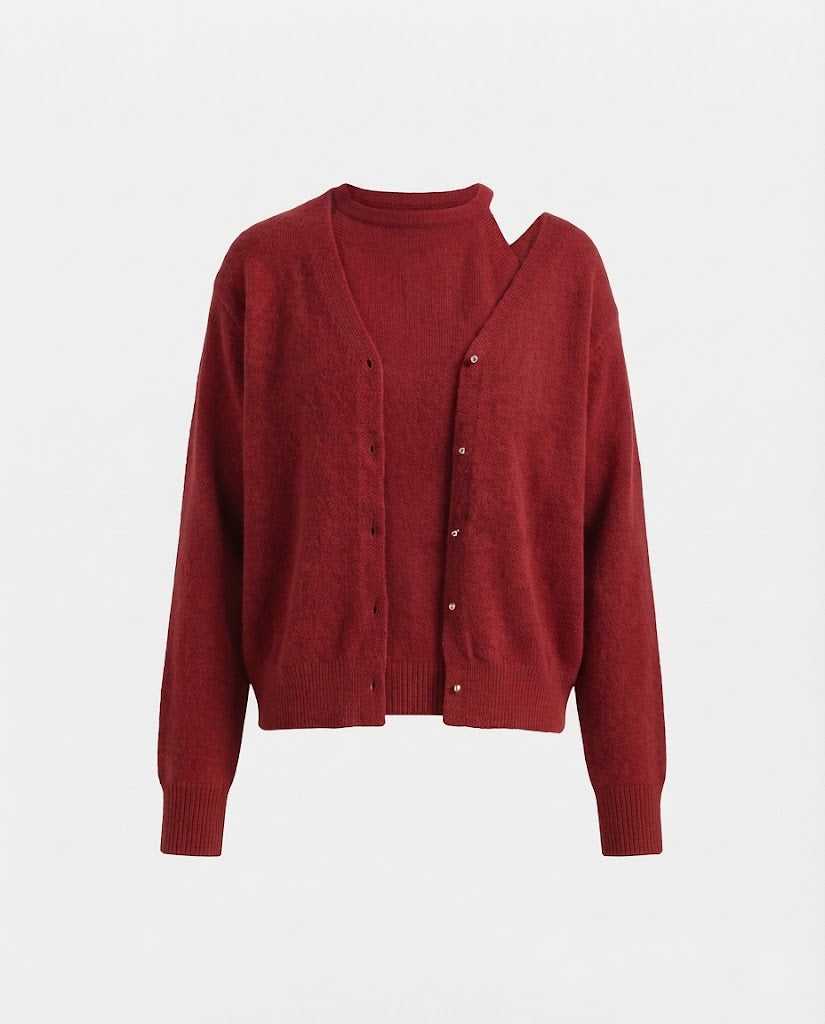 Damen Zweiteiliges Mohair‑Optik Feinstrick-Set: Oversize-Cardigan & Rundhals-Pullover Nord Taschen
