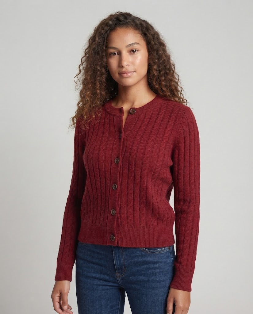 Damen Kurzgeschnittener Zopfmuster-Cardigan mit Kordelzug und Hornknopfleiste Nord Taschen