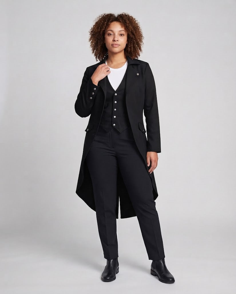Damen Langmantel mit asymmetrischem Schnitt und aufwändigen Knopfdetails Nord Taschen