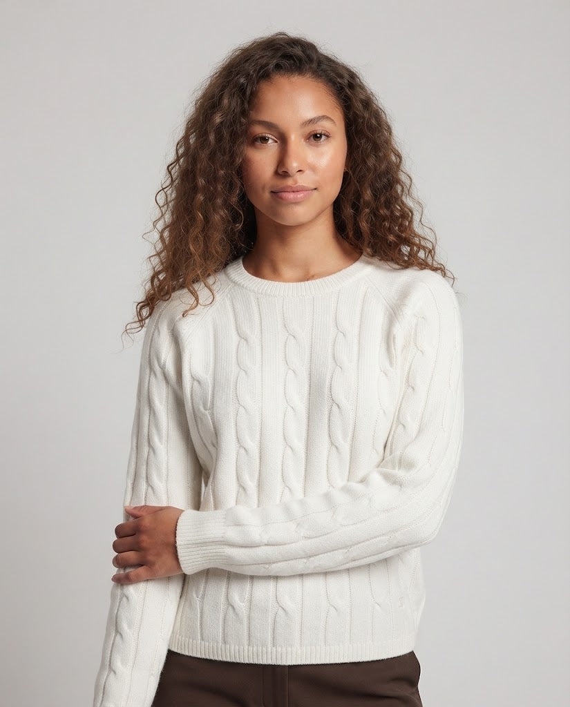 Damen Feinstrick-Pullover mit Zopfstruktur, Rundhalsausschnitt und lässiger Kurzform Nord Taschen