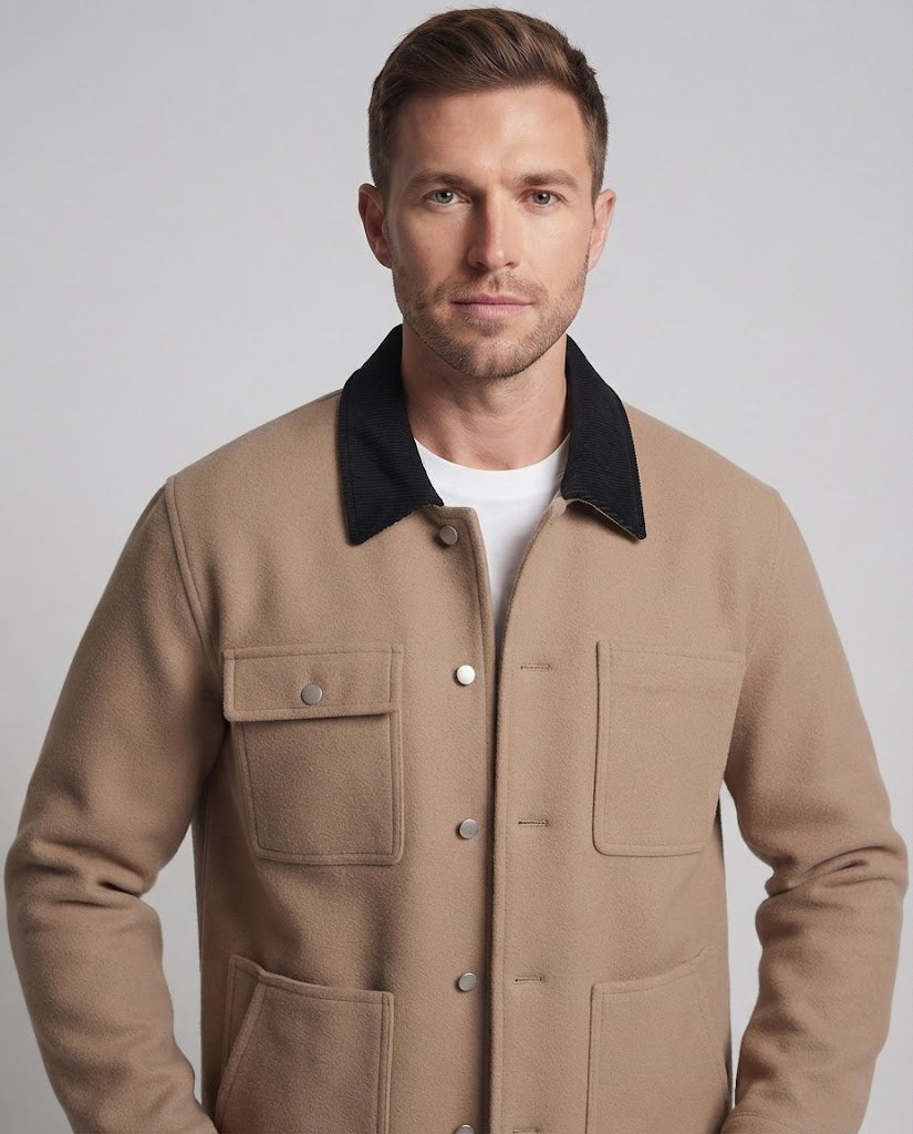 Herren Kurzjacke im Worker‑Stil mit Kontrastkragen und großen aufgesetzten Taschen Nord Taschen