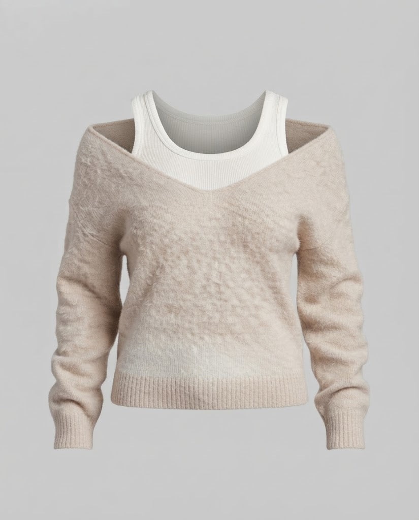 Damen Oversize Strickpullover mit Ein‑Schulter‑Layering und flauschiger Mohairoptik Nord Taschen