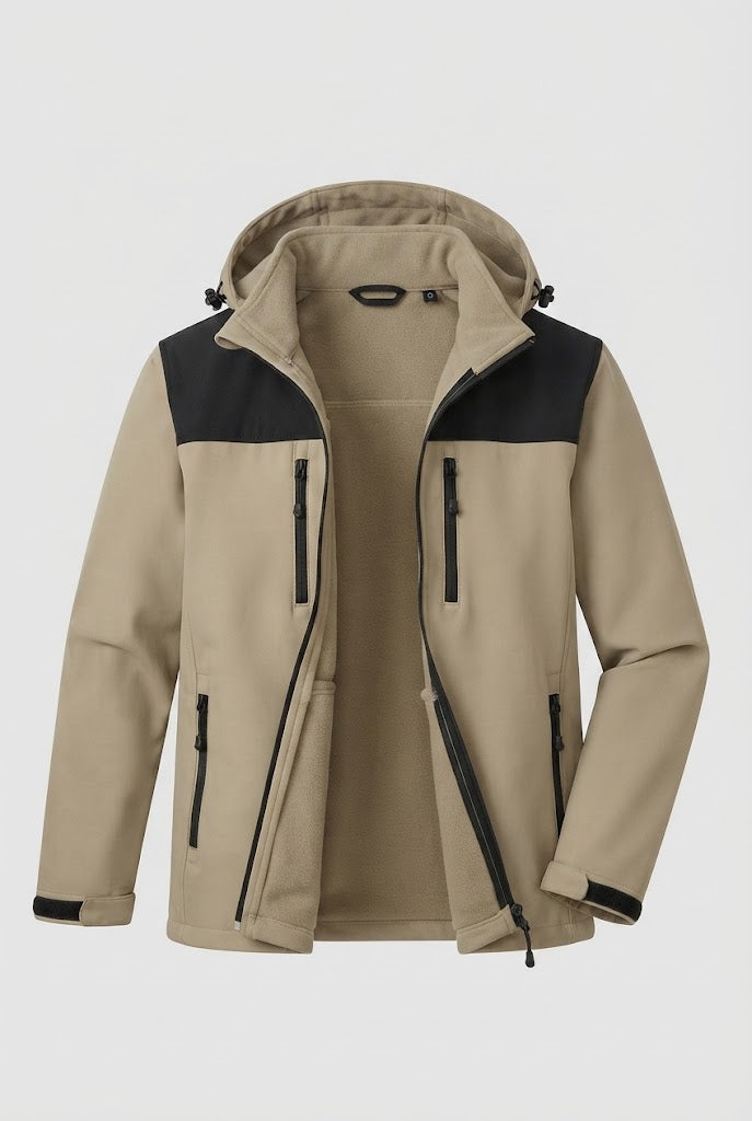 Herren Zwei-Lagen Softshell Outdoor-Jacke mit herausnehmbarer Fleece-Innenjacke und Kapuze Nord Taschen