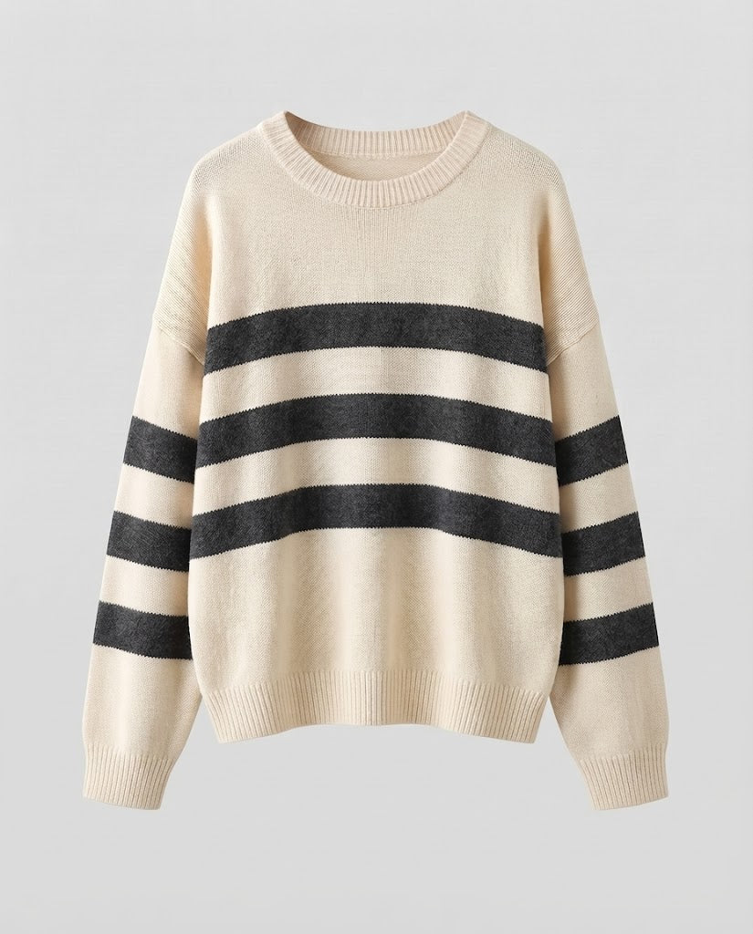 Damen Gestreifter Feinstrickpullover mit Rundhals, überschnittener Schulter und lockerer Silhouette Nord Taschen