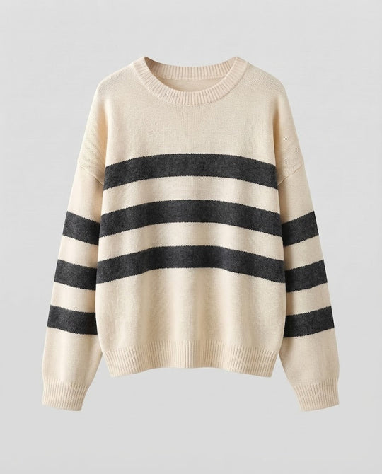 Damen Gestreifter Feinstrickpullover mit Rundhals, überschnittener Schulter und lockerer Silhouette Nord Taschen