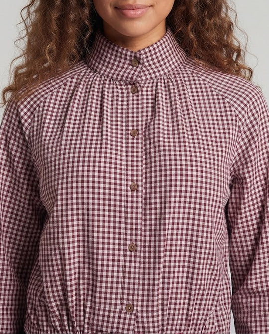 Damen Geknöpfte Cropped‑Bluse im Vichy‑Karo mit hohem Stehkragen und Kordelzug Nord Taschen