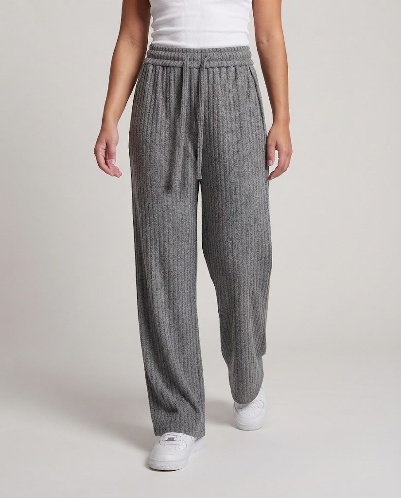 Damen Hochtaillierte weite Strickhose mit Kordelzug und Rippstruktur Nord Taschen
