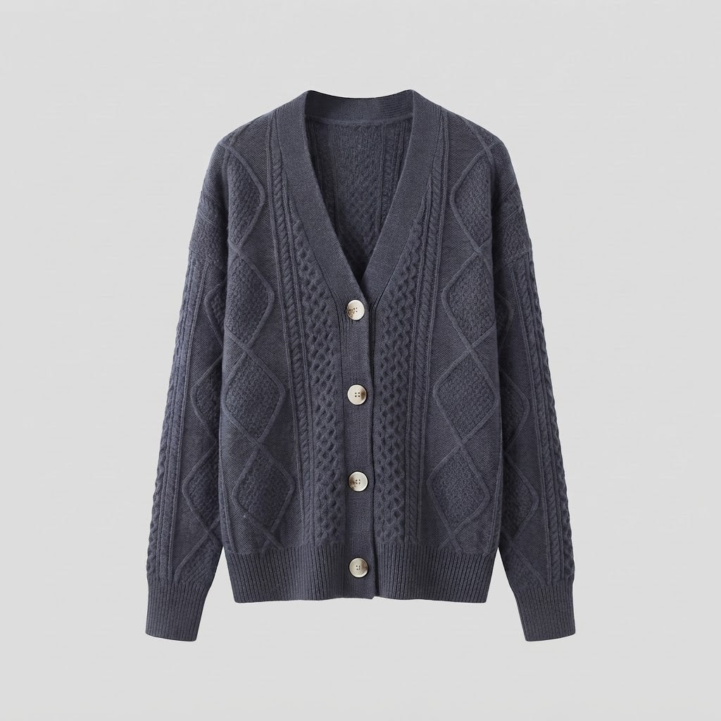 Damen Feiner Wollmix-Cardigan mit Zopfmuster, V‑Ausschnitt und Perlmuttknöpfen Nord Taschen