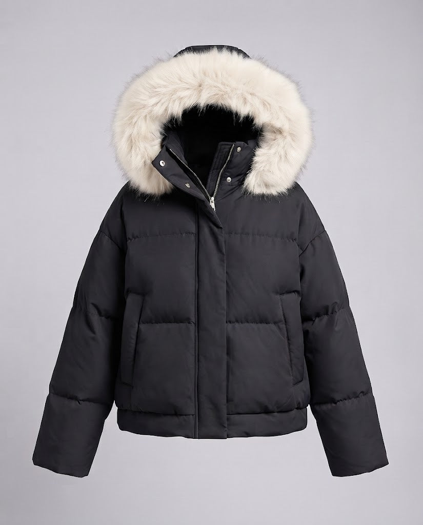 Damen Kurz geschnittene wattierte Jacke mit Kapuze und Kunstfellbesatz Nord Taschen