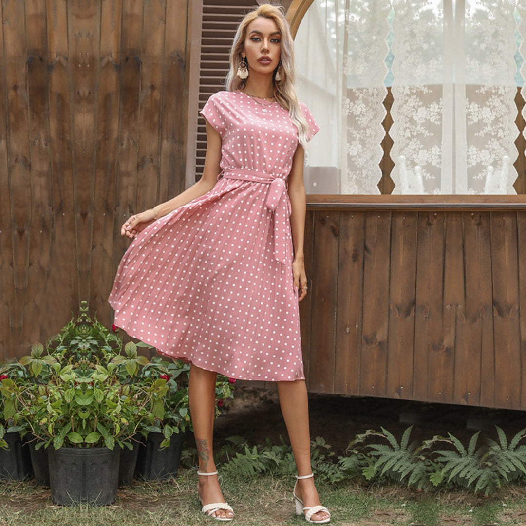 Kurzärmeliges Polka Dot Plissee-Kleid
