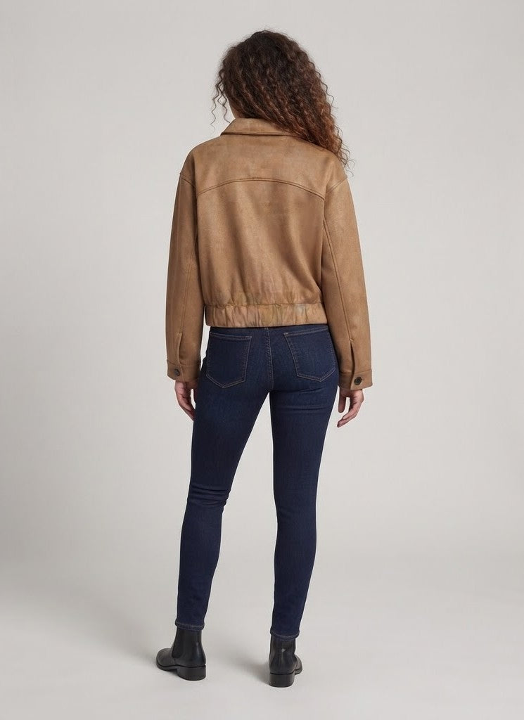 Damen Boxy-Cropped-Jacke aus Velourslederoptik mit Pattentaschen und Hemdkragen Nord Taschen