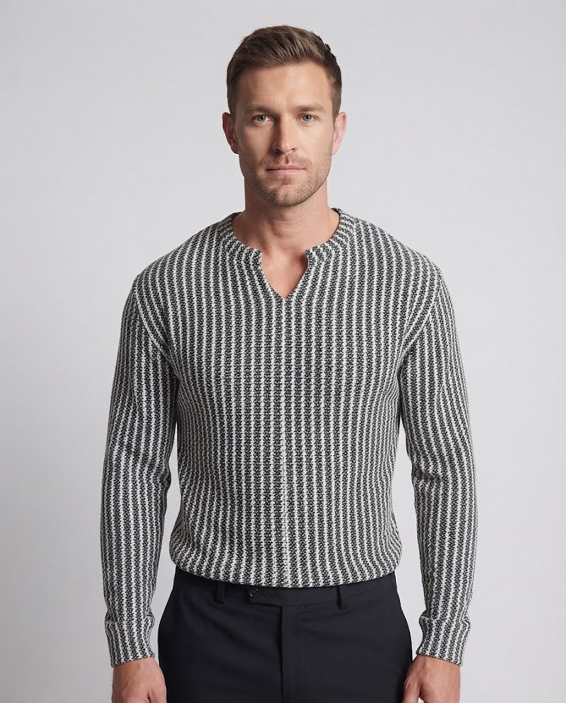 Herren Lockerer Strukturstrick-Pullover mit V‑Notch und Jacquardmuster Nord Taschen