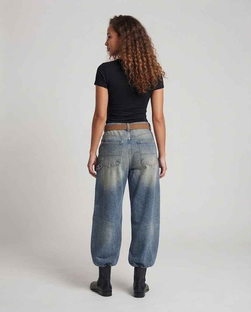 Damen weite Baggy-Jeans mit Vintage-Waschung, aufgesetzten Taschen und tiefem Schritt Nord Taschen