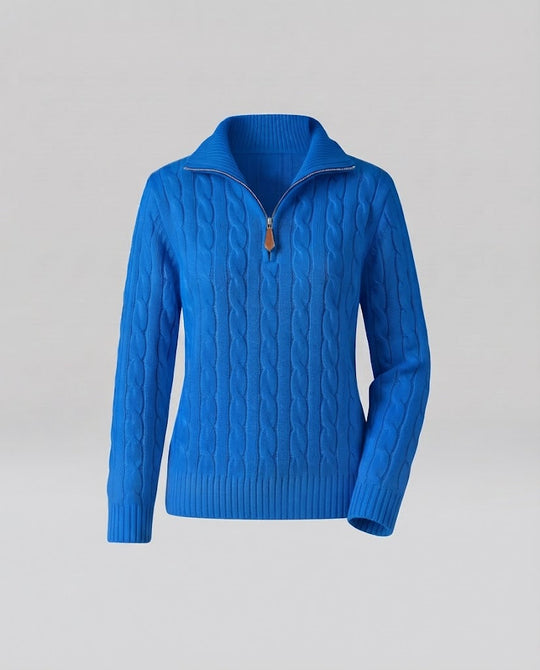 Damen Kabelstrick-Pullover mit halbem Reißverschluss und Stehkragen Nord Taschen
