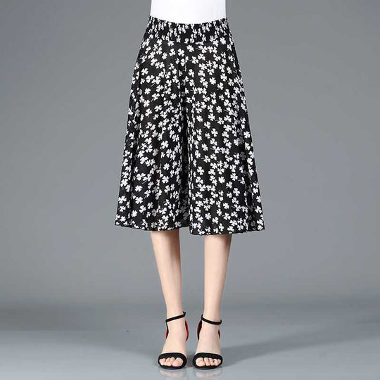 Damen Chiffon Culottes mit Breiten Beinen und Hoher Elastischer Taille
