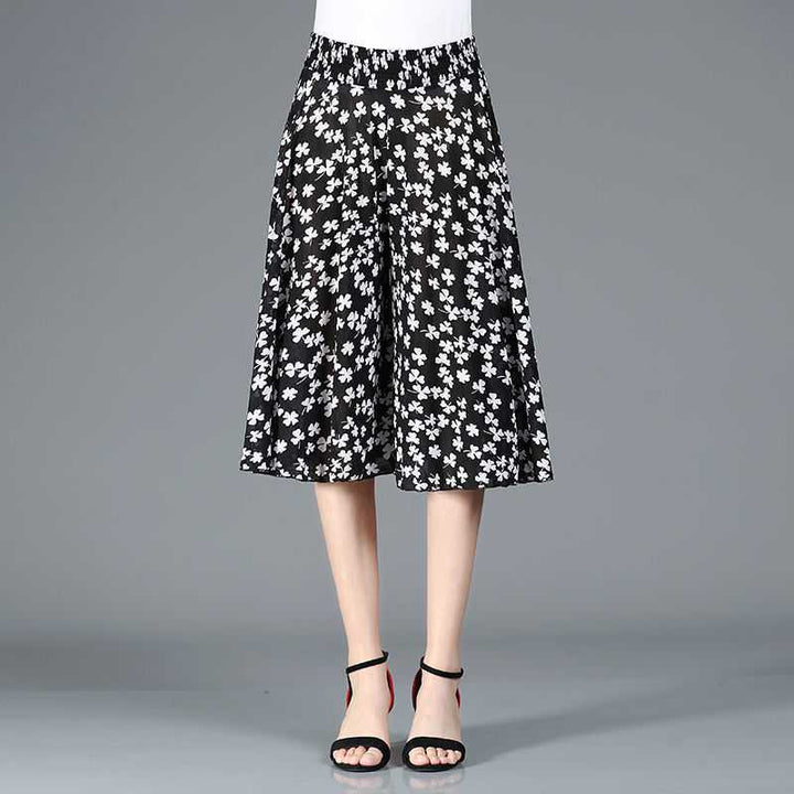 Damen Chiffon Culottes mit Breiten Beinen und Hoher Elastischer Taille
