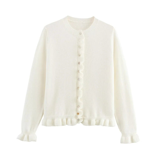 Rüschen Frauen Cardigan mit Knöpfen, Schickes Schichted Oberteil