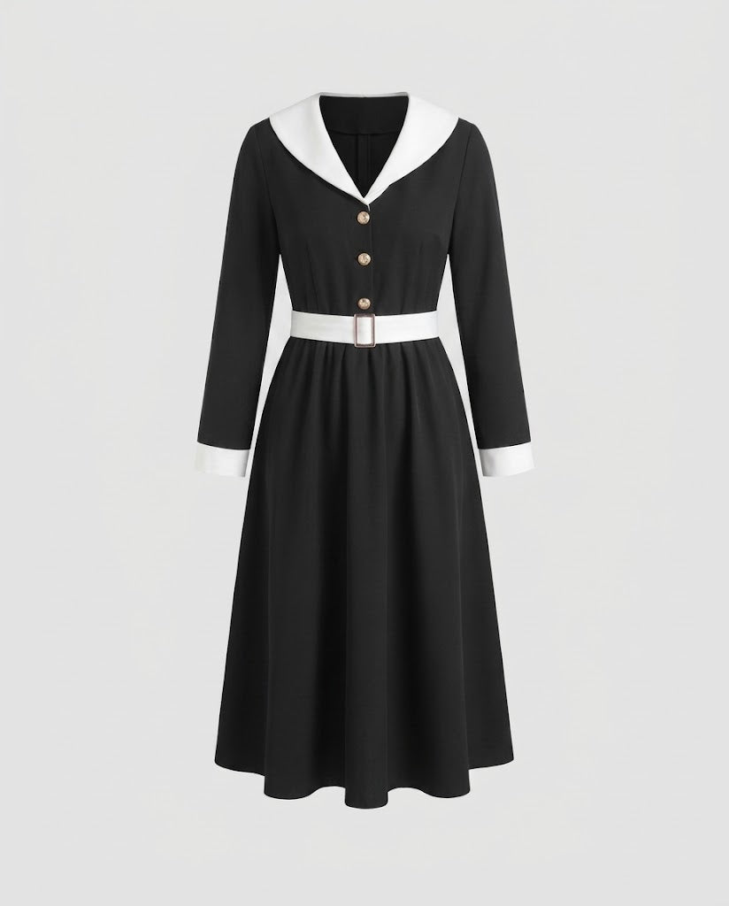 Damen Retro-inspiriertes A-Linien-Midikleid mit Kontrast‑Segelkragen, tailliertem Gürtel & dekorativer Knopfleiste Nord Taschen