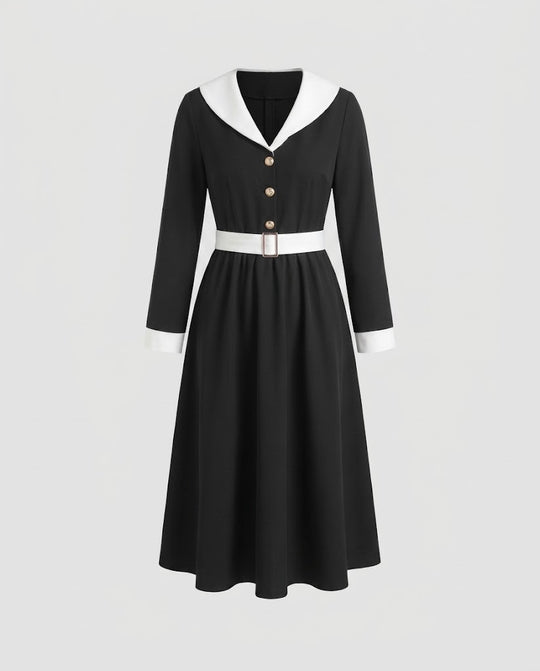 Damen Retro-inspiriertes A-Linien-Midikleid mit Kontrast‑Segelkragen, tailliertem Gürtel & dekorativer Knopfleiste Nord Taschen