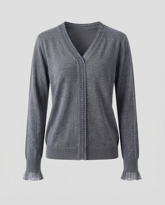 Damen Feiner V‑Ausschnitt-Feinstrickpullover mit plisseeverzierten Kanten und fließender Silhouette Nord Taschen