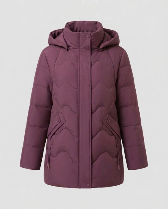 Damen Taillierter wattierter Kapuzenmantel mit Wellensteppung und verdeckter Reißverschluss Nord Taschen