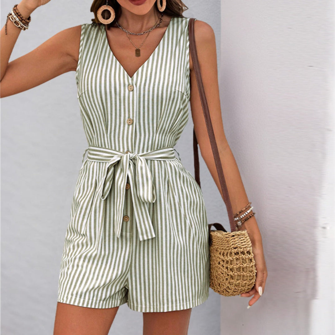 Einfache ärmellose gestreifte Jumpsuit-Shorts mit V-Ausschnitt