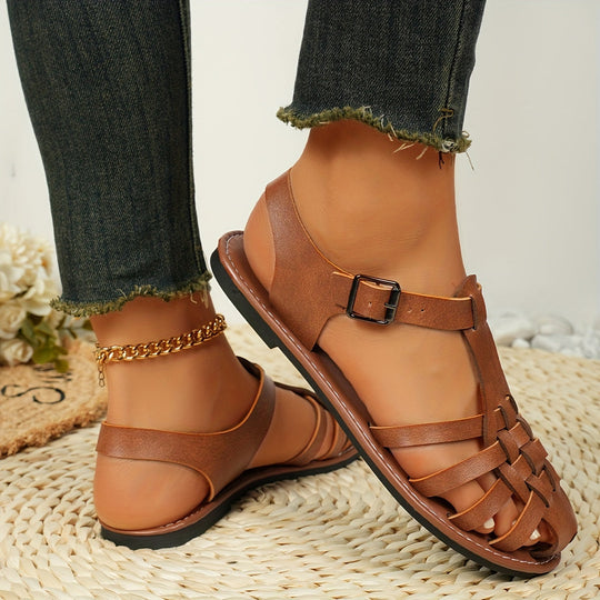 GewNord Taschente Flache Sandalen für Damen Vintage Stil, Geschlossener Zeh, Schnallenverschluss