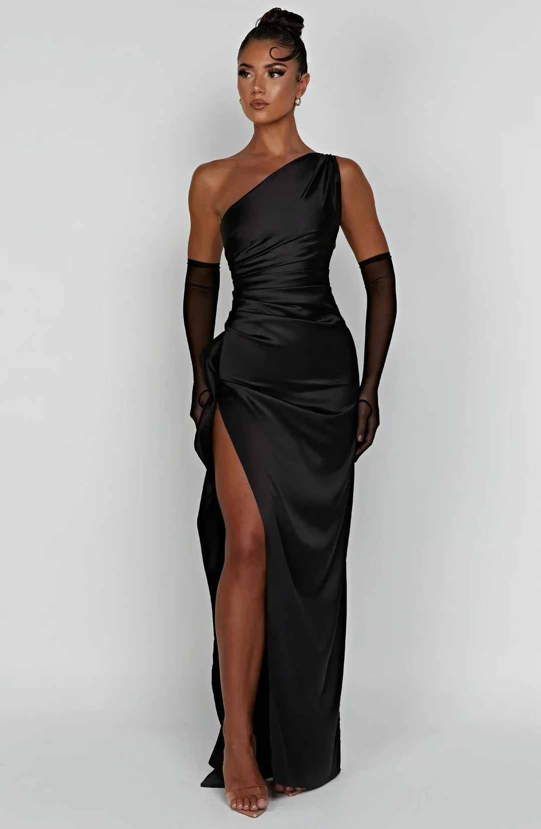 Falten Satin Schlitzkleid